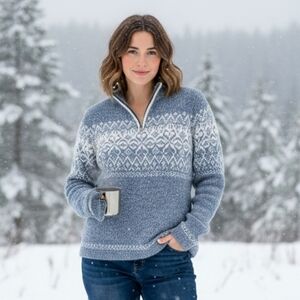 Vintage Northern Reflections Fair Isle Quarter Zip Blue Jumper/Sweater Size XL